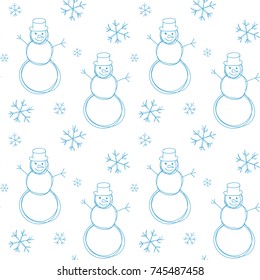 Christmas New Year seamless pattern background with snow, snowflake, snowman. Outline vector illustration. Good for wrapping, invitation and card. Winter holiday symbol