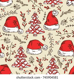 Christmas and New Year seamless pattern with hat of Santa Claus and Christmas decorations. Vector hand drawn illustration.