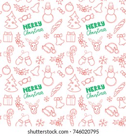 Christmas New Year seamless pattern background with pine, gift, candy, deer, bell, toy, lettering, Holly, snowman, cane, mitten. Outline vector illustration. Good for wrapping. Winter holiday symbol