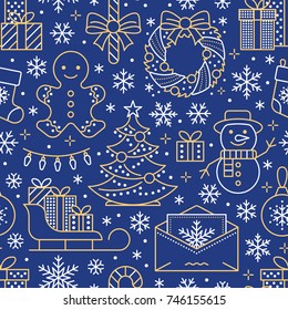 Christmas, new year seamless pattern, line illustration. Vector icons winter holidays pine tree, gifts, letter to santa, presents, snowman. Celebration party blue white gold repeated background.