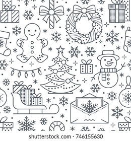 Christmas, new year seamless pattern, line illustration. Vector icons of winter holidays tree, gifts, letter to santa, presents, snowman. Celebration party white black repeated background.