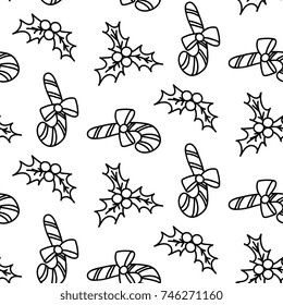 Christmas New Year seamless pattern background with candy, cane, bow, holly berry. Outline vector illustration. Good for wrapping, invitation and card. Winter holiday symbol