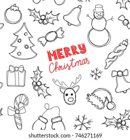 Christmas New Year seamless pattern background with pine, gift, candy, deer, bell, toy, lettering, Holly, snowman, cane, mitten. Outline vector illustration. Good for wrapping. Winter holiday symbol