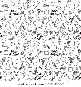 Christmas New Year seamless pattern background with pine, gift, candy, deer, bell, toy, lettering, Holly, snowman, cane, mitten. Outline vector illustration. Good for wrapping. Winter holiday symbol