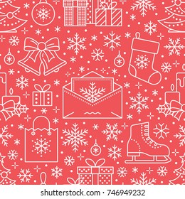 Christmas, new year seamless pattern, line illustration. Vector icons of winter holidays tree, gifts, letter to santa, presents, jingle bells. Celebration party red repeated background.