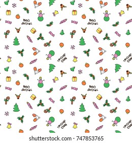 Christmas New Year seamless pattern background with pine, gift, candy, deer, bell, toy, lettering, Holly, snowman, cane, mitten. Outline vector illustration. Good for wrapping. Winter holiday symbol