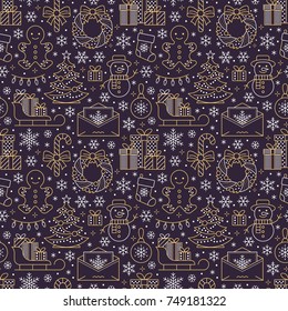 Christmas, new year seamless pattern, line illustration. Vector icons of winter holidays tree, gifts, letter to santa, presents, snowman. Celebration party dark gold repeated background.