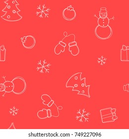Christmas New Year seamless pattern background with snowman, mitten, snowflake, ball, toy. Outline vector illustration. Good for wrapping, invitation and card. Winter holiday symbol