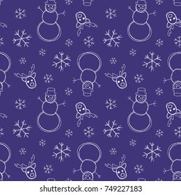 Christmas New Year seamless pattern background with snow, snowflake, snowman, deer. Outline vector illustration. Good for wrapping, invitation and card. Winter holiday symbol