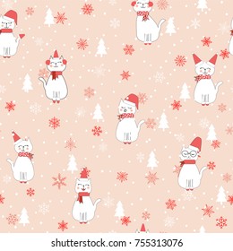 Christmas and New Year seamless pattern with cats .Merry Christmas Landscape. Vector