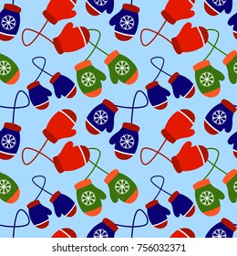 Christmas and New Year seamless pattern of winter color gloves on blue background. Flat design Vector Illustration EPS