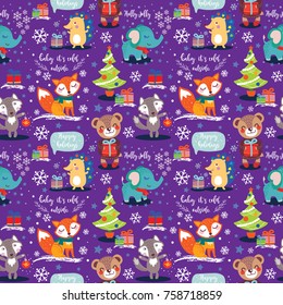 Christmas and New Year seamless Pattern with cute animals. Vector illustration