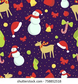 Christmas or New Year seamless pattern. Traditional elements: sock, bell, snowman, candy, deer etc. Ideal for wrapping paper for gift, textile, wallpaper, background.