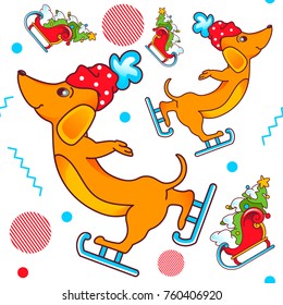 Christmas and new year seamless pattern with funny yellow dog skating and a Christmas tree in a sleigh. Hand drawn doodle vector illustration. Used for print packing, background, wrapping,