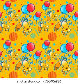 Christmas and new year seamless pattern with funny yellow dog and balloons. Bright colors. Hand drawn doodle vector illustration. Used for print packing, background, wallpaper, wrapping.