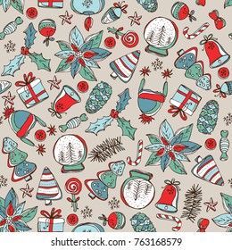 Christmas and New Year seamless pattern with Christmas decorations and present. Vector hand drawn illustration
