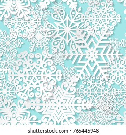 Christmas and New Year seamless pattern with white paper snowflakes. Winter seasonal holidays background. 3D paper art background 
