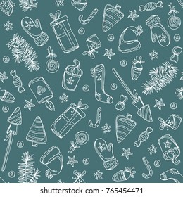 Christmas and New Year seamless pattern with Christmas decorations and present. Vector hand drawn illustration