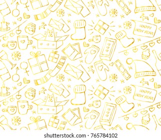 Christmas and New Year seamless pattern for winter holidays. Lovely background with winter elements: mittens, scarves, snowflakes, cups, hats, gifts. Hand drawn gold linear vector illustration.