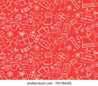 Christmas and New Year seamless pattern for winter holidays. Lovely background with winter elements: mittens, scarves, snowflakes, cups, hats, gifts. Hand drawn linear vector illustration.