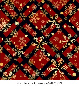 Christmas New Year seamless pattern with snowflakes and strokes. Paint strokes background. Golden snowflakes. Vector illustration. Hipster trendy wrapping gift paper