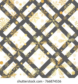 Christmas New Year seamless pattern with snowflakes and strokes. Paint strokes background. Golden snowflakes. Vector illustration. Hipster trendy wrapping gift paper
