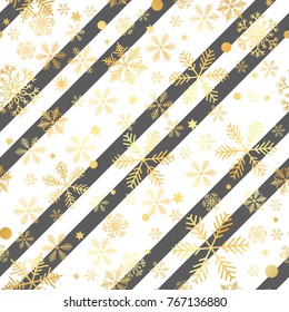 Christmas New Year seamless pattern with snowflakes and strokes. Paint strokes background. Golden snowflakes. Vector illustration. Hipster trendy wrapping gift paper