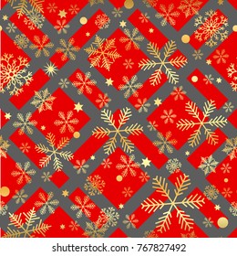 Christmas New Year seamless pattern with snowflakes and strokes. Paint strokes background. Golden snowflakes. Vector illustration. Hipster trendy wrapping gift paper