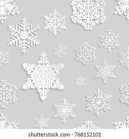 Christmas and New Year seamless pattern with white paper snowflakes. Winter seasonal holidays background. 3D paper art background 