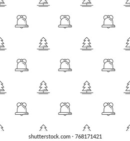 Christmas New Year seamless pattern with christmas tree, bell . Holiday background. Christmas tree, spruce, fir. Xmas winter trendy decoration. Texture. Line vector illustration. Wrapping gift paper
