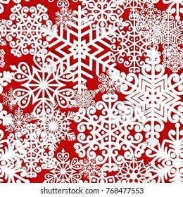 Christmas and New Year seamless pattern with white paper snowflakes. Winter seasonal holidays background. 3D paper art background 