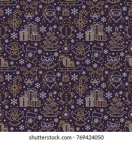 Christmas, new year seamless pattern, line illustration. Vector icons of winter holidays pine tree, gifts, letter to santa, presents, jingle bells. Celebration party dark repeated background.