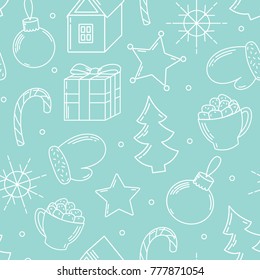 Christmas and New Year seamless pattern with christmas tree, snowflakes, mittens, gifts, stars. Christmas wrapping paper, background and texture.
