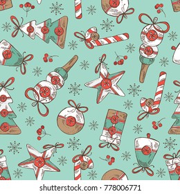 Christmas and New Year seamless pattern with Christmas decorations. Vector hand drawn illustration.