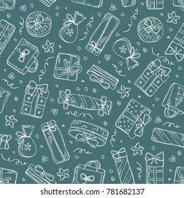 Christmas and New Year seamless pattern with presents. Vector hand drawn illustration