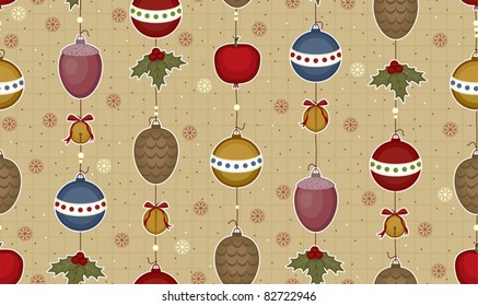 Christmas and New Year seamless pattern without a seam c fur-tree toys, bells and strobiles hanging down on threads