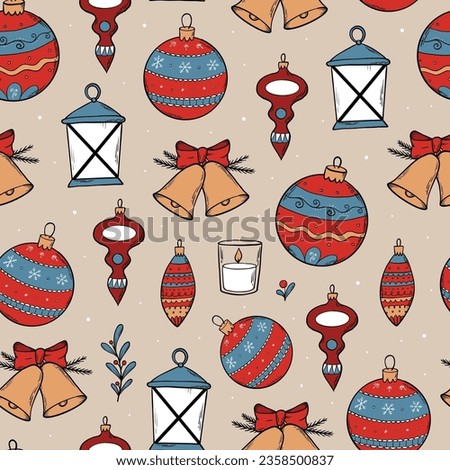 Christmas and new year seamless pattern with doodles of christmas toys, decorations for wallpaper, textile prints, wrapping paper, etc. EPS 10