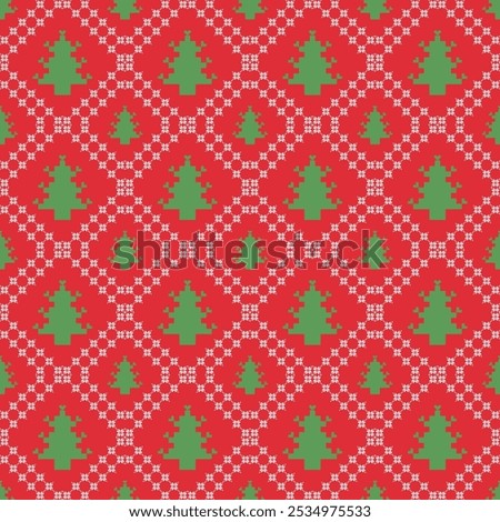 Christmas and New Year seamless pattern. White snowflakes and Christmas tree on red pixel pattern for winter hat,jumper,sweater, wrapping,fabric,border,rim,carpets, blankets, towels.