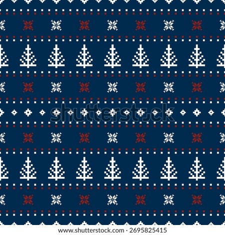 Christmas and New Year seamless pattern. Christmas tree on  blue pixel pattern for winter hat,jumper,sweater, wrapping,fabric,border,rim,carpets, blankets, towels.