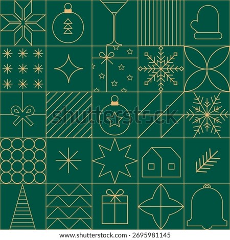 Christmas and new year seamless pattern in line minimal style. Minimalist geometric festive gold on red Christmas, New Year, winter holidays background with linear icons.
