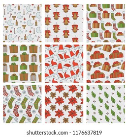 Christmas and new year seamless patterns. Vector set of holiday backgrounds with gifts socks snowflakes cap for greeting card design and packaging.