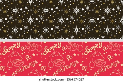 Christmas and New Year seamless patterns. Two templates of background wallpaper in retro style. For design Christmas cards, posters, gifts, wrapping.  Vector graphics.