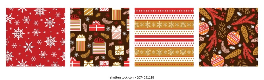 Christmas and New Year seamless patterns set with snowflakes, gifts, balls, floral elements. Vector illustration.