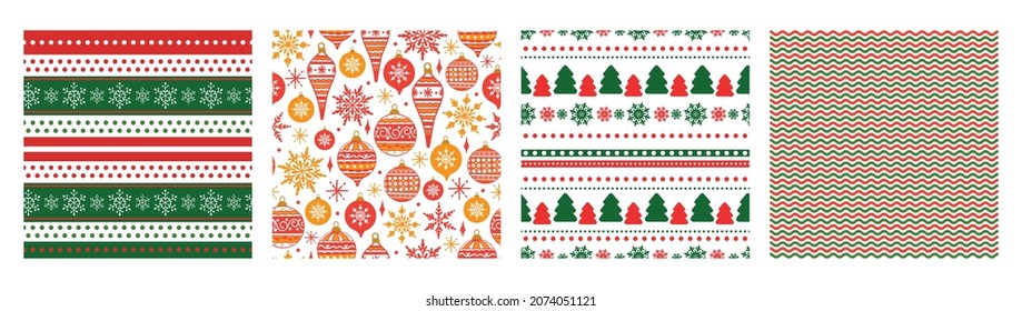 Navidad y Año Nuevo, los patrones son impecables, con copos de nieve, bolas, abetos, elementos geométricos. Ilustración vectorial.