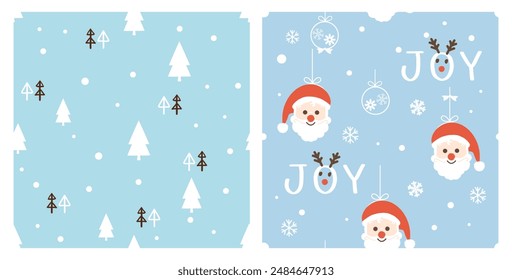 Christmas or New year seamless patterns with pine tree, snowflakes, rein deer cartoon, hand written fonts and Santa Claus cartoons on blue backgrounds vector.