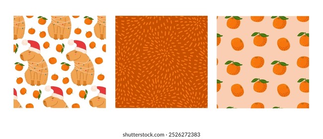 Christmas and New Year Seamless patterns. Set of three. Capybara and tangerine fruit. Funny character. Cartoon happy Capybara. Repeated Template for wallpaper, card, textile, wrapping paper, packing