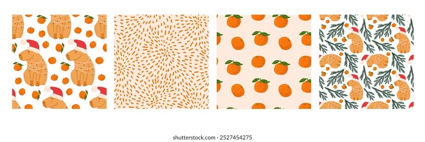 Christmas and New Year Seamless patterns. Set of four. Capybara, tangerine fruit, abstract print set. Cartoon happy Capybara. Repeated Template for wallpaper, card, textile, wrapping paper, packing