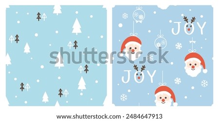 Christmas or New year seamless patterns with pine tree, snowflakes, rein deer cartoon, hand written fonts and Santa Claus cartoons on blue backgrounds vector.