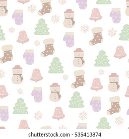  Christmas and New year seamless pattern-vector illustration. Stocking  Snowman  bell mittens caramel Christmas tree.