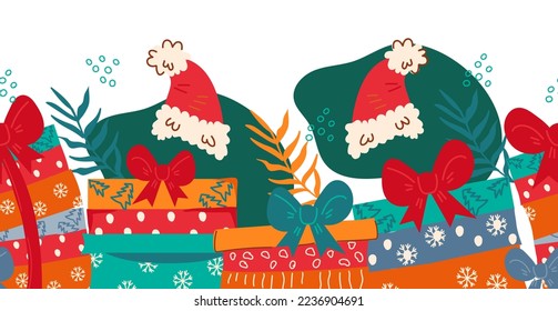 Christmas New Year seamless repeatable background or border design with gifts and Santa hats, hand drawn flat vector Illustration on white background.